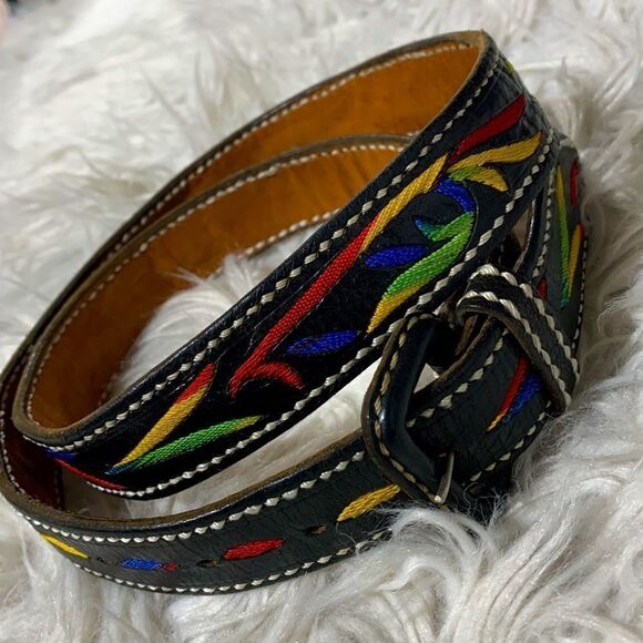 COLORFUL vibrant embroidered leather belt UNISEX - Picture 1 of 8